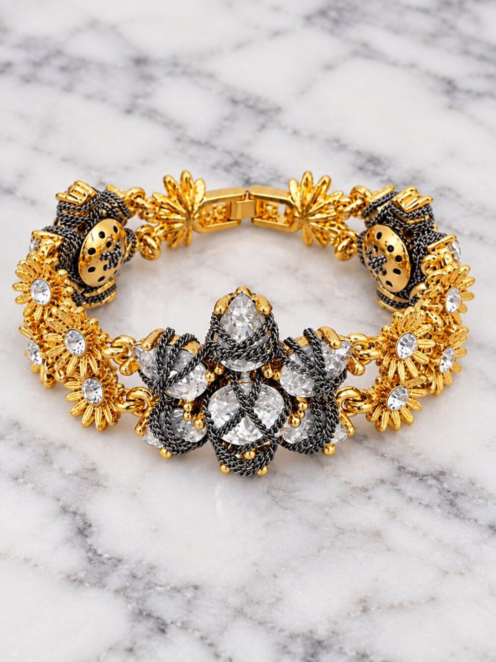 Ann Taylor Gold and Black Crystal Floral Bracelet